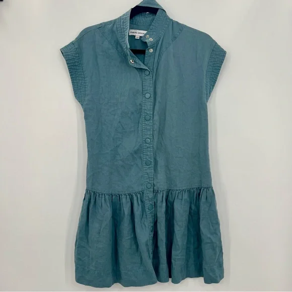 Karina Grimaldi Zelie Solid Mini Dress Element Blue Denim Button Drop Waist XS - Picture 10 of 13